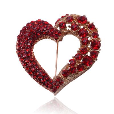 China High Quality Red Heart Hollow-Out CZ Crystal Brooch Pins Brooches for sale