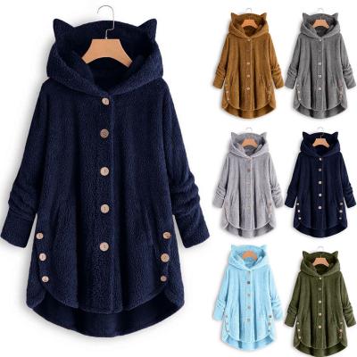 China Winter Double Sided Women Anti-Wrinkle Fleece Button Solid Color Casual Hooded Irregular Coats With Cat Random for sale