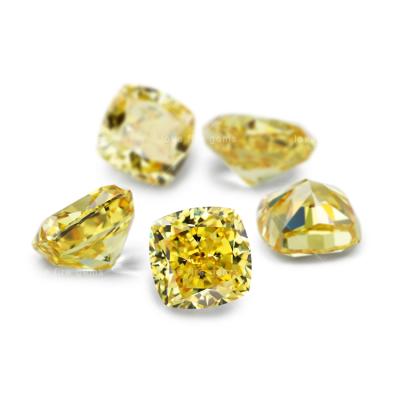 China Game Or Fire Synthetic Gems Fancy Yellow Color USA CZ Cushion Shape 5*5mm 4K 5A+ Wuzhou Crushed Ice Cut Zircon for sale