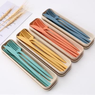 China Sustainable Portable Wheat Cutlery Set with Box Container High Quality 4 Pcs Knife Fork Spoon Chopsticks Set for sale