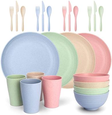 China Sustainable Wheat straw students 24 pcs bowls cups and plates cutlery set with box for sale