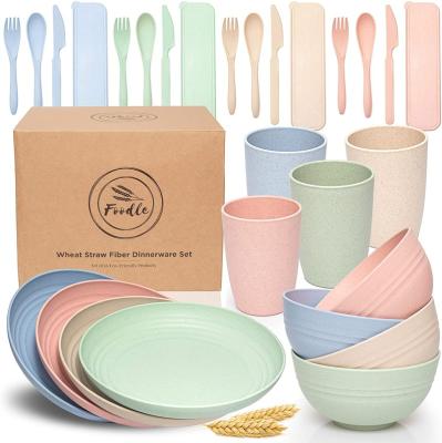 China Sustainable wheat straw dinnerware sets tableware plates mugs wheat straw plastic dinnerware set for sale