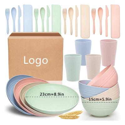 China Sustainable Eco-Friendly Plates Bowls Cups Dishes Dinnerware Set Unbreakable Tableware Set 28 Pieces Wheat Straw Kids Dinner Set for sale