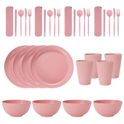 China Cute Eco-friendly Portable Unbreakable 9/28 Piece Baby Wheat Straw Cutlery Set Kids Dinnerware Plates Kit for sale