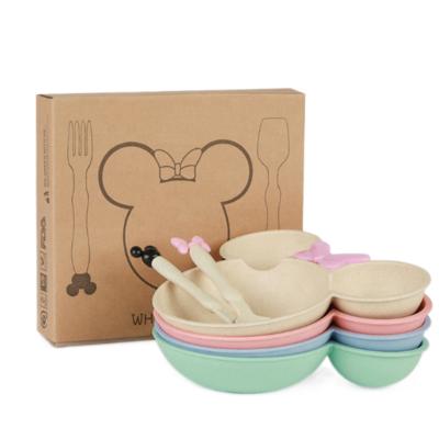 China Sustainable Custom Cartoon kindergarten cute Children Tableware set 3pcs Biodegradable Wheat Straw Fiber Tableware Feeding Dishes for sale