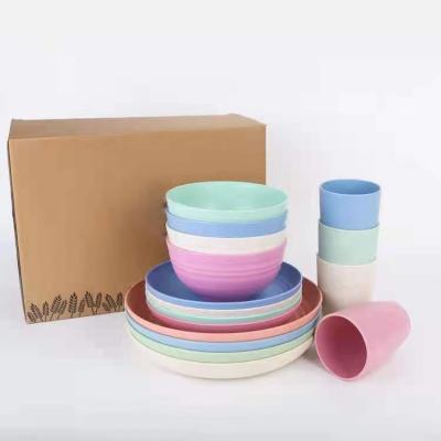 China Sustainable Wheat Straw Tableware for 4 People 16 pieces Bowls Cups Plates OEM Customized Logo Eco-friendly Dinnerware Sets BPA Free for sale