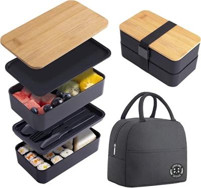 China Microwavable Microwavable and Dishwasher Safe Stackable 2 Layer Lunch Container with Bamboo Lid Bento Box for Adult with Lunch Bag for sale