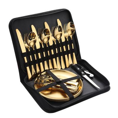 China Stored Shopify Stainless Steel Dinnerware Set Camping Steak Knife Fork And Spoon Outdoor Portable Picnic Cutlery Set With Storage Bag for sale