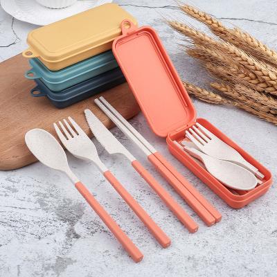 China Sustainable 4 in 1 Wheat Straw Cutlery Set Portable Folding Camping Knife Fork Spoon Chopsticks Flatware Set Eco-Friendly With Case for sale