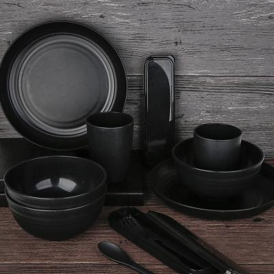 China Wholesale Viable Plastic Tableware Set 28pcs Camping Bowl Dish Cup PP Wheat Dinnerware Sets With Box And Cutlery for sale