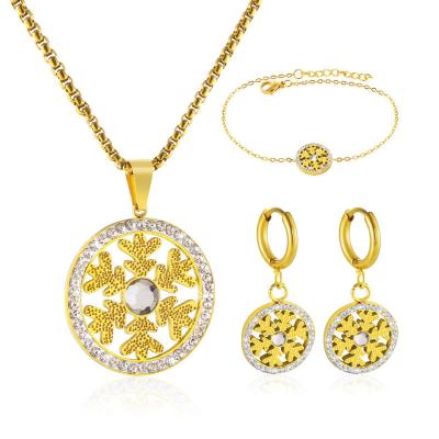 China Vintage Luxury 18K Gold Plated CZ Stone Snowflake Flower Necklace Bracelet Dorp Earrings Pendant Jewelry Set for sale