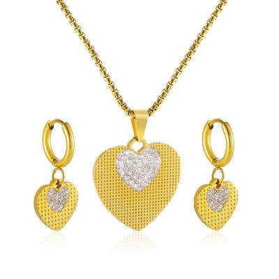 China Vintage Design Stainless Steel Love Heart Zircon Necklace Earring Heart Shape Women Jewelry Pendant Set for sale