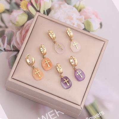 China CLASSIC color drop circle natural stone gold plated stainless steel simple circle earrings cross dangle earrings for sale