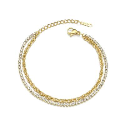 China Double Layer Punk Gold Plated Stainless Steel Chain Link Bracelet Diamond Tennis Bracelet for sale