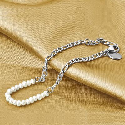 China Custom Elegant Natural Freshwater 3-4mm Freshwater Pearl Bead Chain Splicing Figaro Chain Bracelet for sale