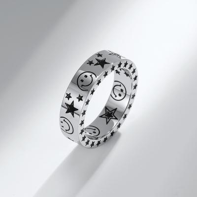 China Fashion Titanium Stainless Steel Jewelry Trend CLASSIC Chic Unisex Moon Star Smile Face Engraved Rings for sale