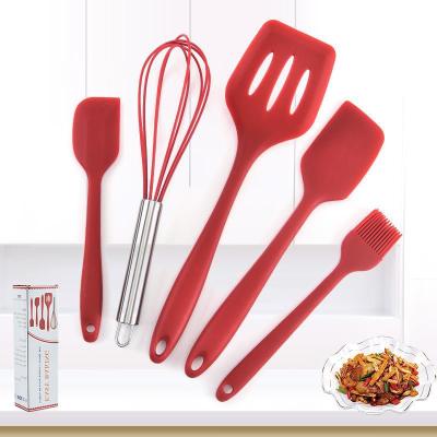 China Sustainable 5 Pieces In 1 Set Silicone Kitchen Accessories Cooking Tools Kitchenware Silicone Utensils With Wooden Handles for sale