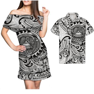 China Plus size 2021 fashion summer ladies dress clothes one shoulder sleeveless dress and men's shirt set Polynesian Samoan tribe for sale