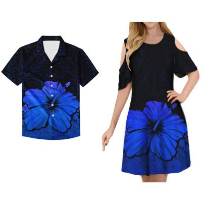 China Anti-wrinkle summer new style blue hibiscus big flower custom design ladies dress and men's shirt family suit low price high quality sale for sale