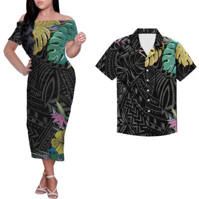 China New Arrival Stylish Anti-wrinkle Summer Off Shoulder Polynesian Samoan Tribal Midi Dress Women Short Sleeve Dress Men Shirt Wholesale Price for sale