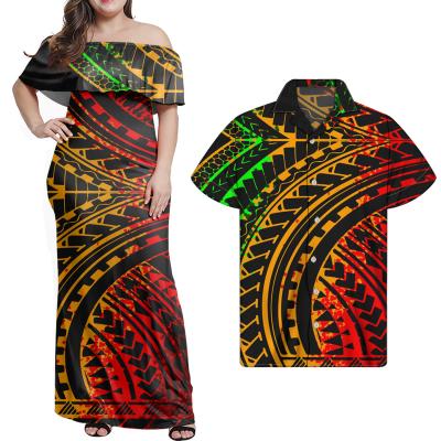 China 2021 Fashion Anti-Static Women Ruffles Dress Plus Size Off Shoulder Samoa Casual Polynesian Long Dress Men's Shirts Tribal Couple Suits for sale