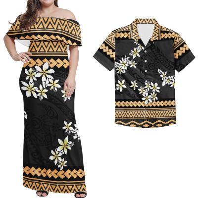 China Hot Anti-Static Stylish Casual Strapless Shirt Dress Couples 2PCS Polynesian Samoan Same Dress Suit Plus Size Shirt 1MOQ for sale