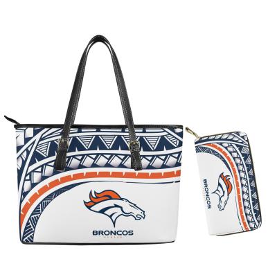 China Wholesale Price 1MOQ Women PU Leather Durable Handbags Facroty NFL Purse And 2Pcs Handbags Set Hot Designs Ladies Custom Large Tote Wallet for sale