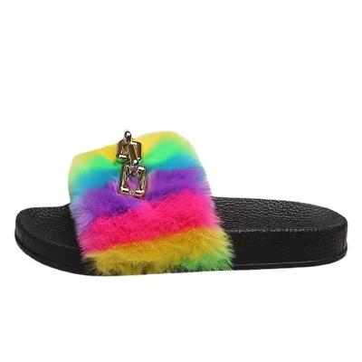 China 2022 fashion trend summer sandals new European and American fashion rainbow wool chain one word casual slippers and for women's external use for sale