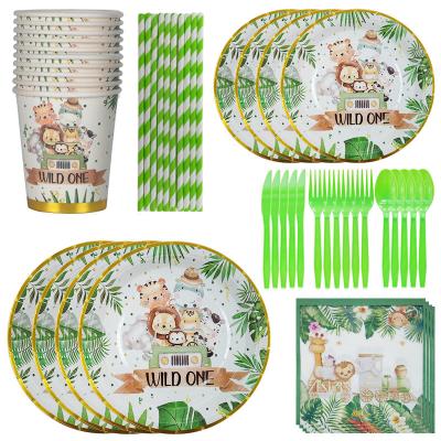 China CLASSIC Green Jungle Lion Theme Paper Tableware Set Festive & Party Supplies Disposable Cup Plates Napkin Straws Tablecloth for sale