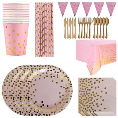 China CLASSIC Gold Pink Large Polka Dot Disposable Cup Plates Napkin Party Paper Tableware Set Party Supplies for sale