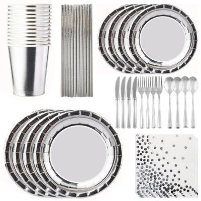 China CLASSIC Stamping Silver Disposable Paper Tableware Set Festive & Party Supplies Cup Plates Napkin Straws Home Decor for sale