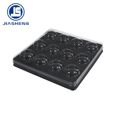 China Food Grade Recyclable Disposable Black Chocolate Tray With Clear Lid For 12 Round Shape Chocolate for sale