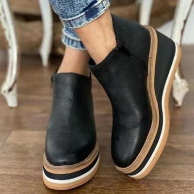 China Autumn Women Round Toe Platform Wedge Heel Casual Short Booties Side Zipper Ladies PU Leather Ankle Boots for sale