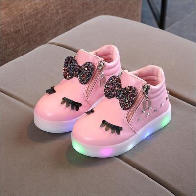 China Girls Crystal Butterfly Knot Diamond Shoes Round Bowknot LED Luminous Sneaker for sale