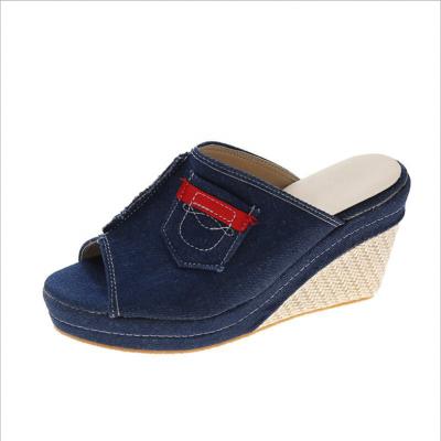 China Wholesale New Warm Breathable Women Casual Wedge Open Toe Height Increasing Jean Canvas Plus Size Sandal for sale