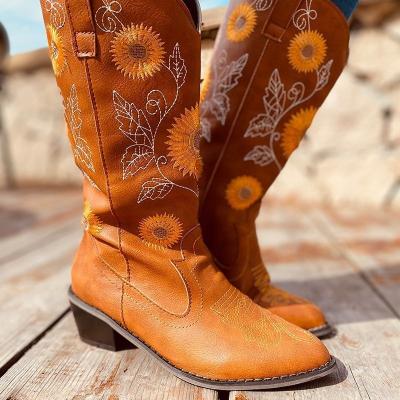 China Other New Arrival Cowboy Boots Women High Heel Sunflower Embroidery Platform Fur Leather Boots for sale