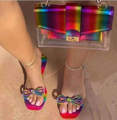 China Wholesale Women Colorful Bow Sandals Fashion Trend Ladies Diamond Tie Dye Wedge High Square Sandals for sale