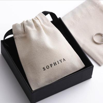 China Custom Logo Gift Printed Canvas Cotton Drawstring Drawstring Bag with Double Black Grosgrain/Silk Twine for Jewelry Package for sale