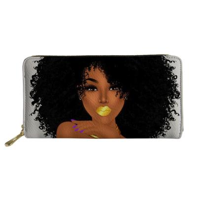 China Wholesale Waterproof Women Pinch Black Art Steam Wallet Gift Voucher Printed Pu Long Cartoon African Girl Wallet for sale