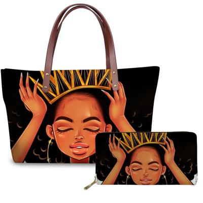 China Fashion 2pcs Sets African American Girls Printing Women Art African American Girls Printing Beach Bags Ladies Handbag Purse Females Black Totes for sale