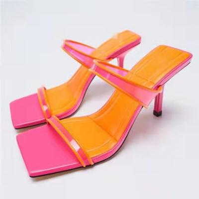 China 2022 Fashion Trend Design Sense Ladies Summer High Heel Sandals Jelly Color Fashion Slippers Neon Chunky Pink Single Color Changing Shoes for sale