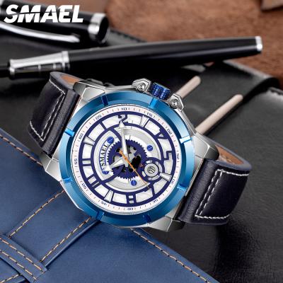 China New Automatic Waterproof Watch 9163 Men's Date SMAEL Quartz Wristwatch Analog Leather Strap for sale