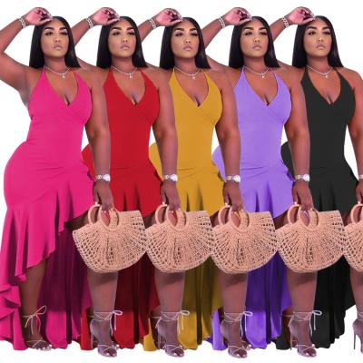 China Women Clothing Solid Color Anti-static Ruffled Sling Split Dress Plus Size Dress for sale