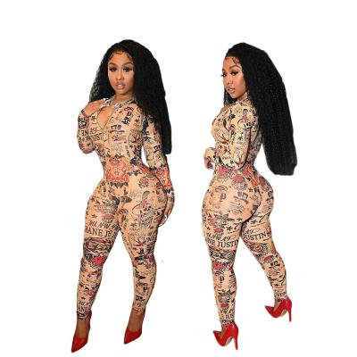 China Breathable Wholesale Printed Long Sleeve Jumpsuit Nightclub Women Fashion Tight Jumpsuit Women for sale