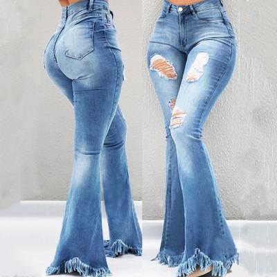 China Wholesale Bell Bottom Rocket Waist High Waisted Wide Leg Jeans Women Micro-elastic Lace Up Pants QUICK DRY Wholesale for sale