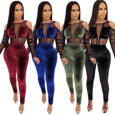 China S3321 Anti-Static - Women Fashionable Solid Bodycon Pants And Mesh Long Sleeve Jumpsuit Two Piece Set for sale