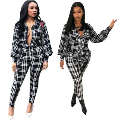 China MD9052 Anti-Static - Ladies Fashionable Plaid Pants And Long Sleeve Crop Top Two Piece Set for sale