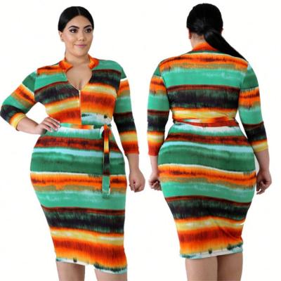 China New autumn DA0801009 anti-static woman casual striped design fat plus size bodycon tight one-piece dress for sale