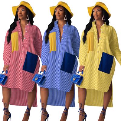 China 2020 New Falling Long Sleeve Big Pocket Shirt Women's Anti-Static Oversized Dress Striped Loose Dress Women for sale