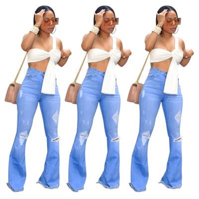 China Hot Sale Fashion Women Color Fade Proof High Stretch Ripped Hole Denim Pants Flare Jeans for sale